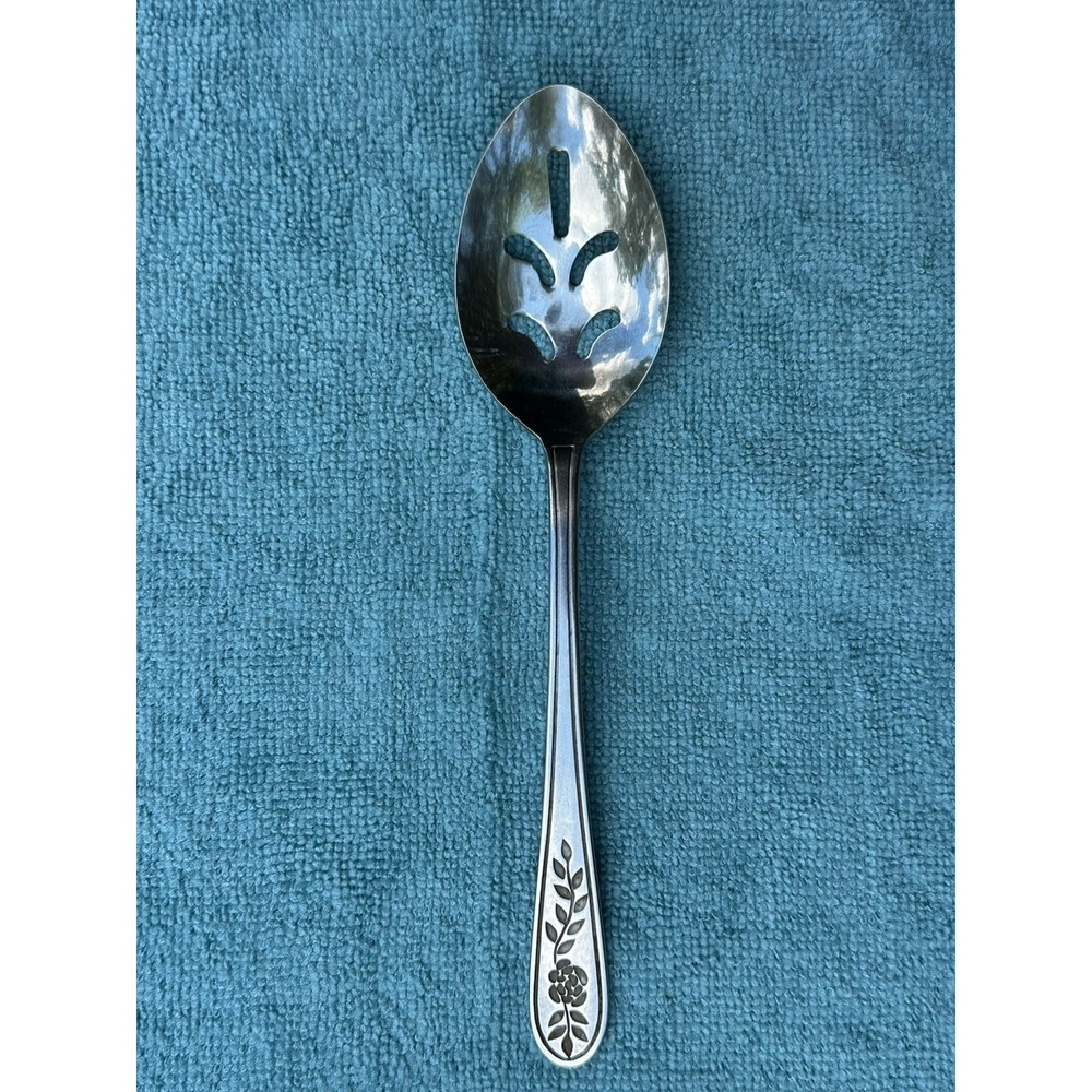 Rogers Floral Mist Pierced Serving Spoon Stainless Korea Discontinued Flatware